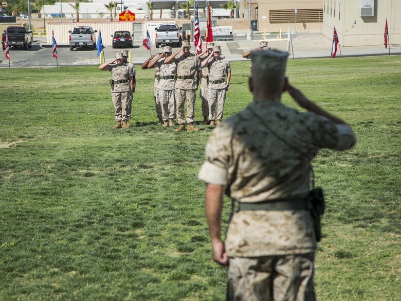 Lt. Col. Dennis A. Sanchez, outgoing battalion commander, Headquarters Battalion, salutes battalion staff during the battalion’s change of command ceremony at Lance Cpl. Torrey L. Gray Field aboard the Marine Corps Air Ground Combat Center Twentynine Palms, Calif., June 8, 2016. During the ceremony, Sanchez relinquished command of Headquarters Battalion to Lt. Col. Michael Cable. (Official Marine Corps photo by Lance Cpl. Levi Schultz/Released)