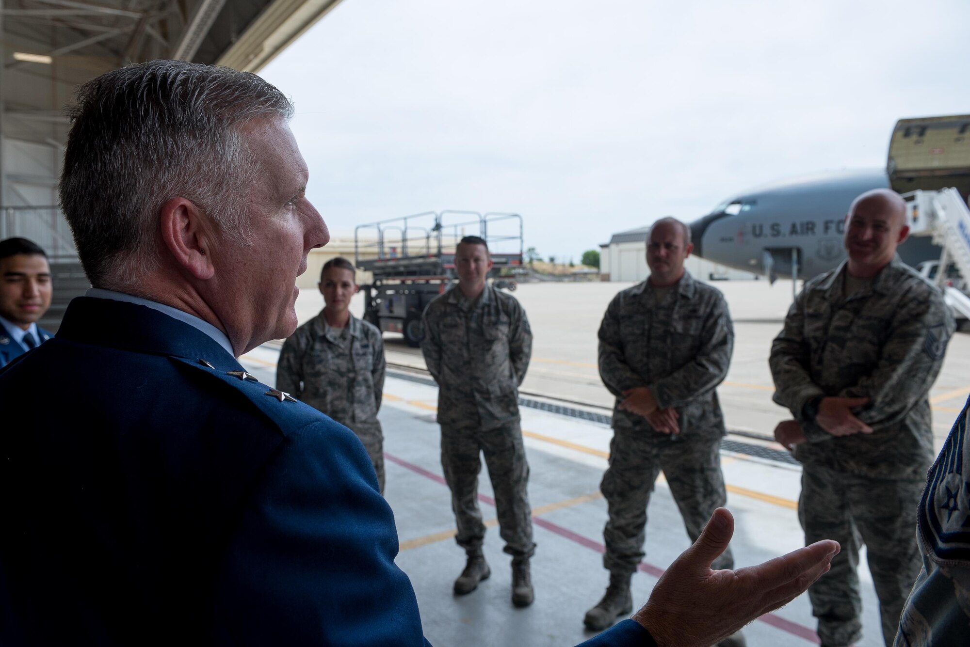 Maj. Gen. John C. Flournoy, Jr., 4th Air Force commander, speaks with Airmen June 4, 2016, at Beale Air Force Base, California. Flournoy visited Beale AFB to officiate a re-designation ceremony and leadership assumptions of command, and meet with Airmen of the 940th Air Refueling Wing. (U.S. Air Force photo by Staff Sgt. Brenda Davis/released)
