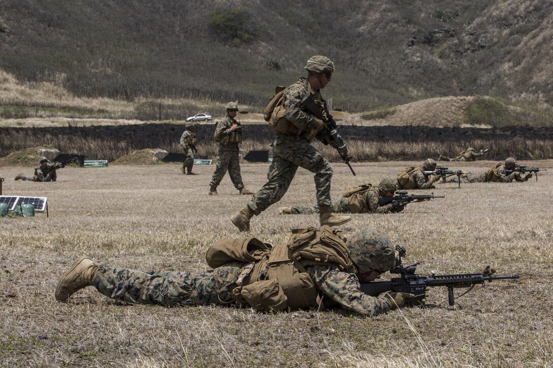 Marines with Echo Company, 2nd Battalion, 3rd Marine Regiment conduct a squad attack exercise at Kaneohe Bay Range Training Facility aboard Marine Corps Base Hawaii, April 21, 2016. The purpose of this exercise was to help team and squad leaders improve their combat assault capabilities as a cohesive unit with fire support from mortars and machine gun suppression. Echo Marines buddy-rushed targets using live rounds, set up an ambush with a claymore and used rocket fire to suppress armored targets.