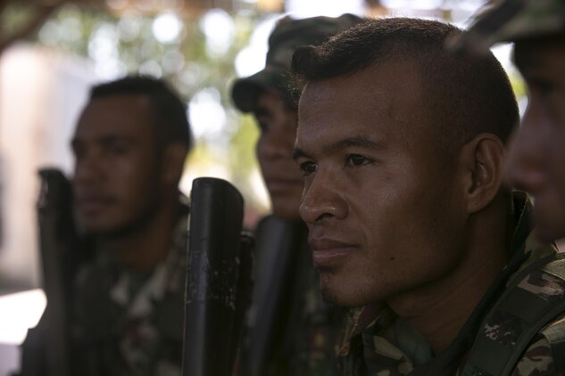 Pvt. Jose Maia attends the non-lethal weapons course held by U.S. Marines with Task Force Koa Moana during Exercise Crocodilo 16, at Metinaro, Timor Leste, June 7, 2016. The non-lethal weapons course allows Marines to demonstrate U.S. non-lethal capabilities, as well as to instruct non-lethal techniques to the host nations. Crocodilo 16 is a multi-national, bilateral exercise designed to increase interoperability and relations by sharing engineering, infantry, law enforcement and combat lifesaving skills. Maia is an infantryman with Bravo Company, 1st Battalion, Timor Leste Defense Force, stationed in Baucau, Timor Leste. 