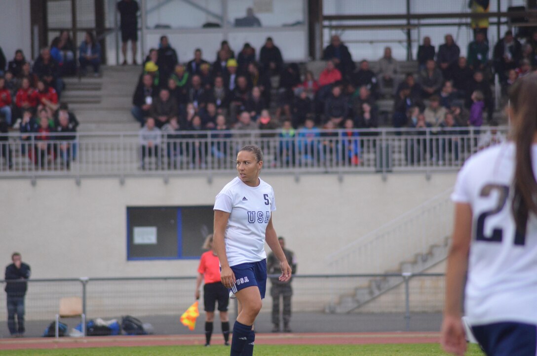 Navy Lt. Christy Hagedorn of San Diego, Calif. seen here against the match versus Brazil.  Hagedorn scored the game winning goal against Canada in overtime. France hosted the 2016 Conseil International du Sport Militaire (CISM) World Football Cup in Rennes, France from 24 May to 5 June.  USA finished 7th overall as host nation France won the Cup.