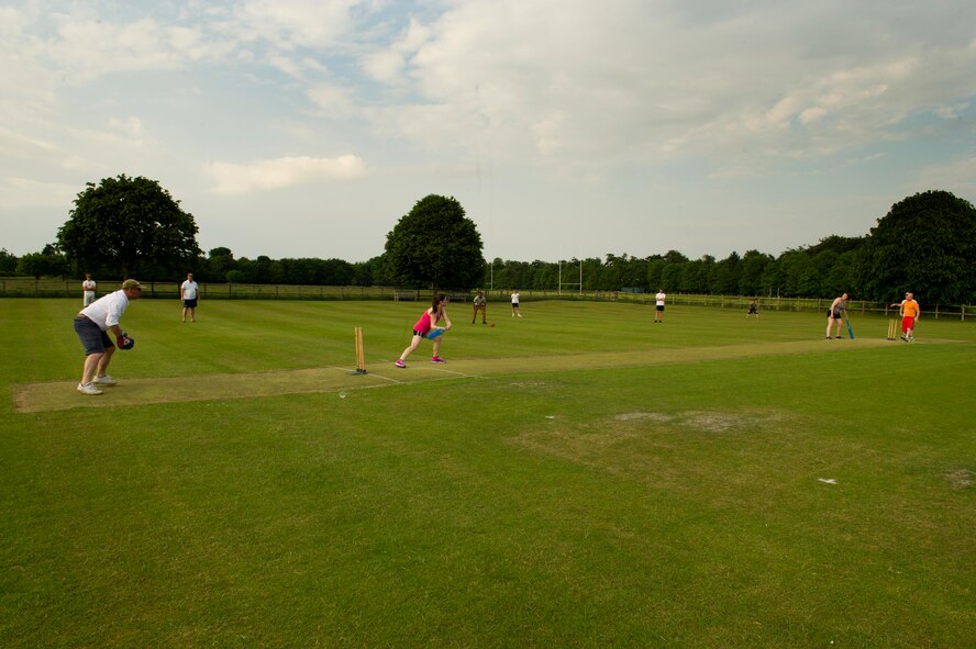 U.S. Air Force members deployed to Royal Air Force Fairford, United Kingdom, play cricket at the Fairford Cricket Club, June 8, 2016. The service members joined with locals from the area to learn the sport and build camaraderie between the community and the base. (U.S. Air Force photo/Senior Airman Sahara L. Fales)