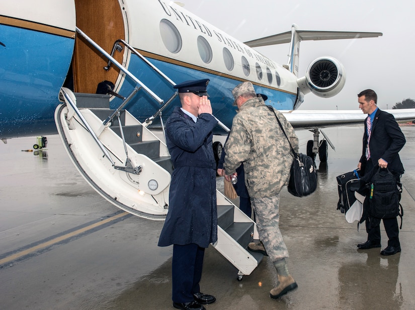 Master Sgt. Miguel Acevedo, 99th Airlift Squadron flight engineer, salutes Air Force Chief of Staff Gen. Mark A. Welsh III, as he boards an 89th Airlift Wing C-37B at Joint Base Andrews, Md., Feb. 3, 2016. Acevedo is an Air Force Wounded Warrior and will compete at the Department of Defense 2016 Warrior Games June 16-21, 2016. (U.S. Air Force photo by Senior Master Sgt. Kevin Wallace)