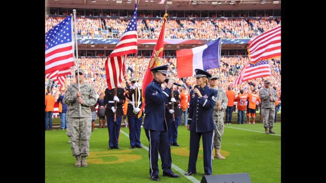 A1C Jamie Teachenor and TSgt Krista Joyce singing the national anthem for the Denver Broncos/Kansas City Chiefs 2015 Salute to Service game broadcast live nationally on CBS!