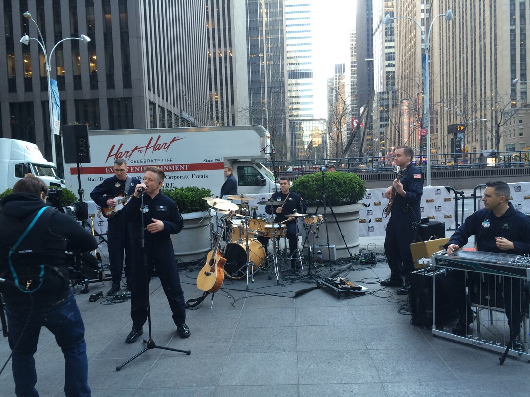 The USAF Academy Band's Wild Blue Country performing live on Fox News Channel's Fox & Friends from Rockefeller Center in NYC!  Pictured left to right: SSgt Jesse Thompson, A1C Jamie Teachenor, A1C Michael Coletti, SrA Jared Andrews, and MSgt Jeff Valentine.