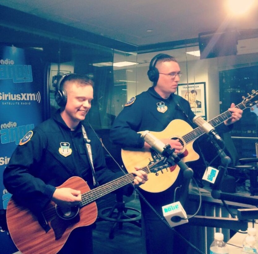 The USAF Academy Band's Wild Blue Country performing live on SiriusXM's David Webb Show broadcast internationally on Patriot Radio.  Pictured left to right: A1C Jamie Teachenor and SSgt Jesse Thompson.