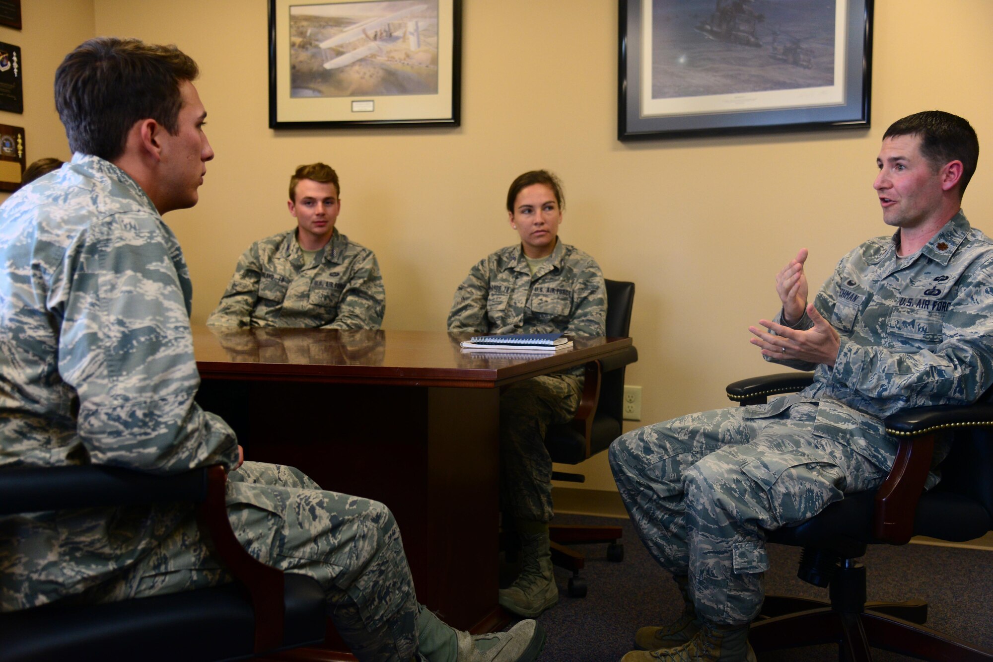 Maj. Jeremiah Kirschman, 341st Contracting Squadron commander, briefs Air Force Academy cadets June 9, 2016, at Malmstrom Air Force Base, Mont. The cadets spent two weeks immersed in several groups and squadrons assigned to the 341st Missile Wing to gain a better understanding of the nuclear deterrence mission. (U.S. Air Force photo/Airman 1st Class Magen M. Reeves)