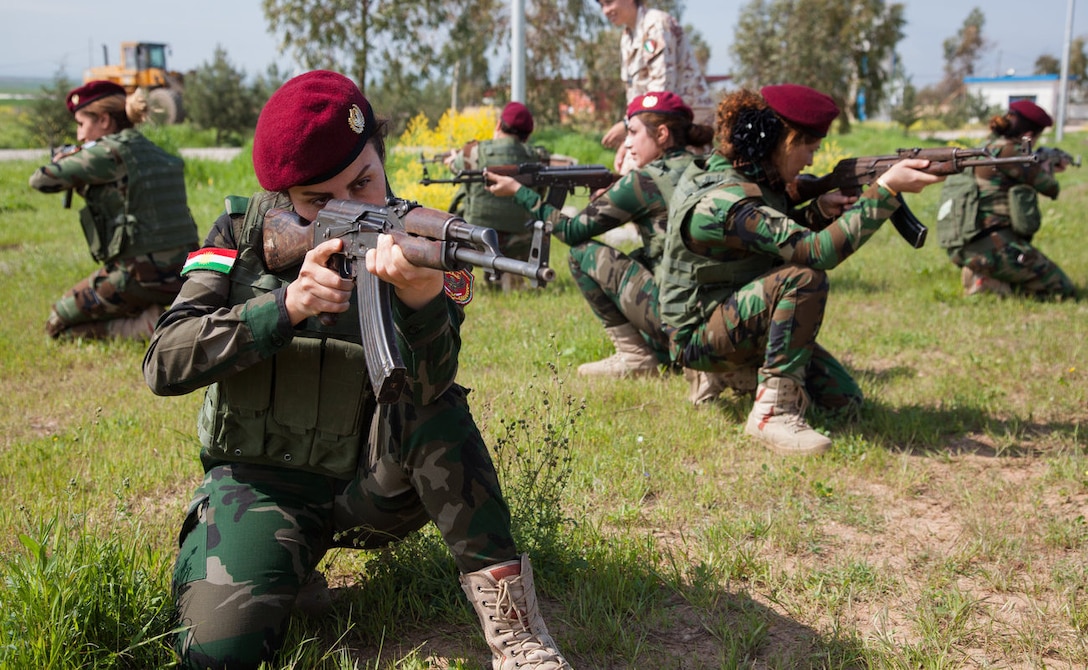 Female Zeravani soldiers, who are a branch of the Peshmerga, attend a three-week basic infantry skills course intended to improve their tactical knowledge to aid in the fight against the Islamic State of Iraq and the Levant.  (U.S. Army photo by Spc. Jessica Hurst)