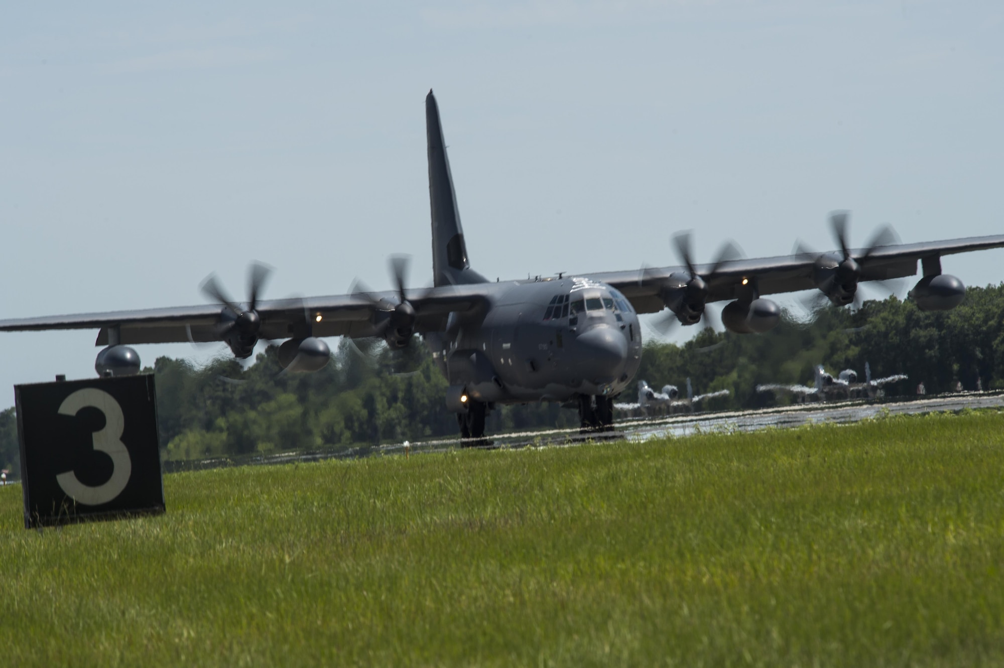 An HC-130J Combat King II arrives June 9, 2016, at Moody Air Force Base, Ga, The landing marked the joining of the ninth and final HC-130J to the 71st Rescue Squadron’s fleet. (U.S. Air Force photo by Senior Airman Ceaira Tinsley/Released)