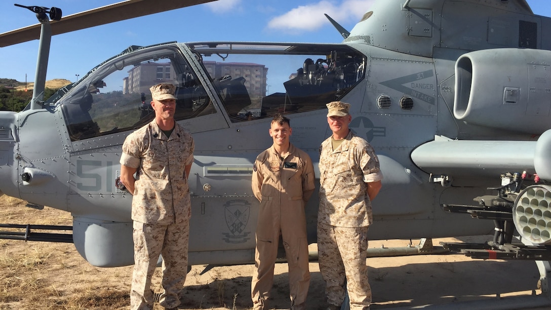 Capt. Jason Grimes, a UH-1Z Cobra pilot with Marine Light Attack Squadron 369 from Hibbing, Minnesota, stands with the leadership of 2nd Battalion, 5th Marine Regiment in Marine Corps Base Camp Pendleton, California. Grimes completed the Aviator Immersion Program with the assistance of 2nd Battalion, 4th Marine Regiment and 2/5.
