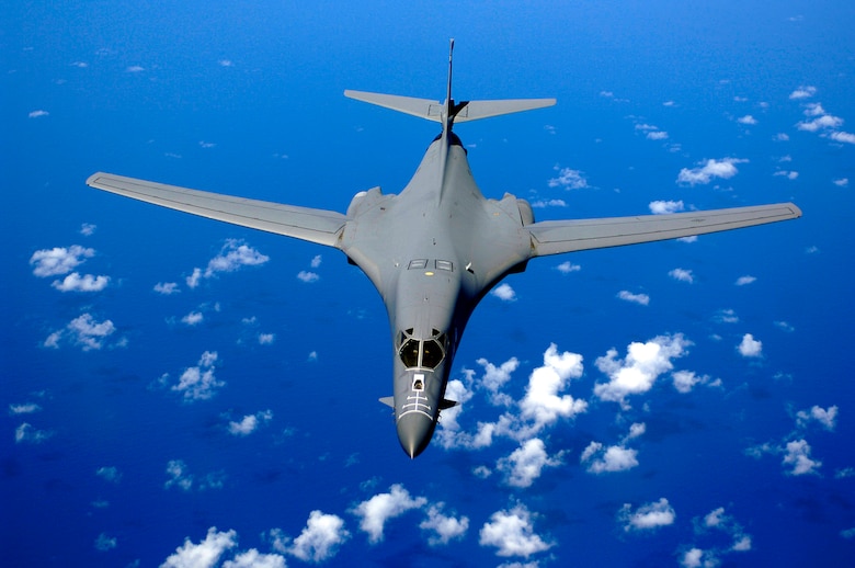 ANDERSEN AIR FORCE BASE, GUAM -- A B1B Lancer from the 37th Expeditionary Bomb Squadron, 28th Bomb Wing, Ellsworth Air Force Base, South Dakota, flies over the Pacific Ocean in 2005. (U.S. Air Force Photo/Bennie Davis III)
