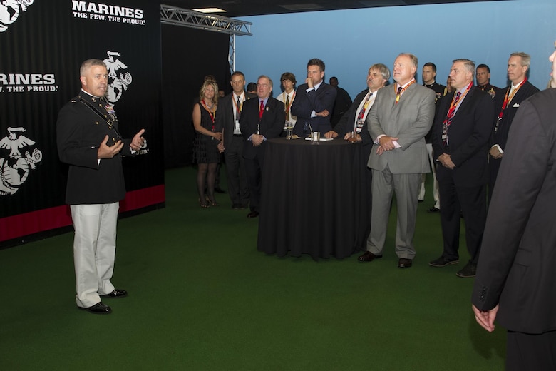 Brigadier Gen. Paul Kennedy speaks to attendees of the U.S. Wrestling Foundation Gala in Los Angeles, June 9, 2016. The Marine Corps joined a host of VIPs in in sending off Team USA as they compete in the World Cup, their last competition before the Olympic Games in Rio de Janeiro and awarded two young future leaders at the gala. Marine recruiters view combat sports (professional and amateur wrestling and mixed martial arts) as excellent programming venues to reach a large portion of the Marine Corps’ enlisted and officer recruiting prospects. Principles taught to student wrestlers such as discipline, physical fitness, aggressive attitude and mental and physical toughness align with Marine Corps principles.