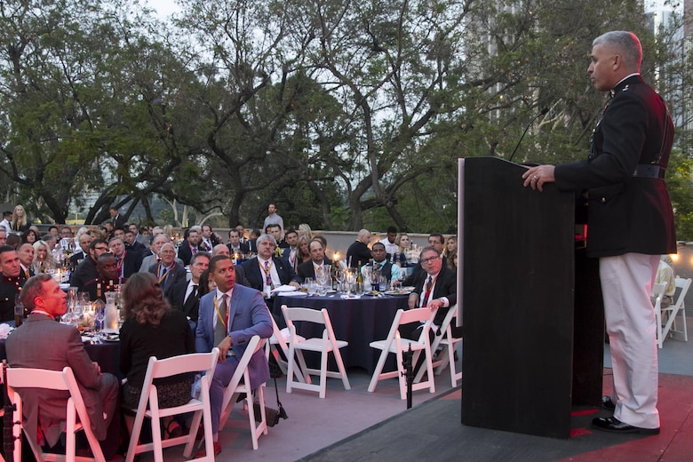 Brigadier Gen. Paul Kennedy speaks to attendees of the U.S. Wrestling Foundation Gala in Los Angeles, June 9, 2016. The Marine Corps joined a host of VIPs in in sending off Team USA as they compete in the World Cup, their last competition before the Olympic Games in Rio de Janeiro and awarded two young future leaders at the gala. Marine recruiters view combat sports (professional and amateur wrestling and mixed martial arts) as excellent programming venues to reach a large portion of the Marine Corps’ enlisted and officer recruiting prospects. Principles taught to student wrestlers such as discipline, physical fitness, aggressive attitude and mental and physical toughness align with Marine Corps principles.