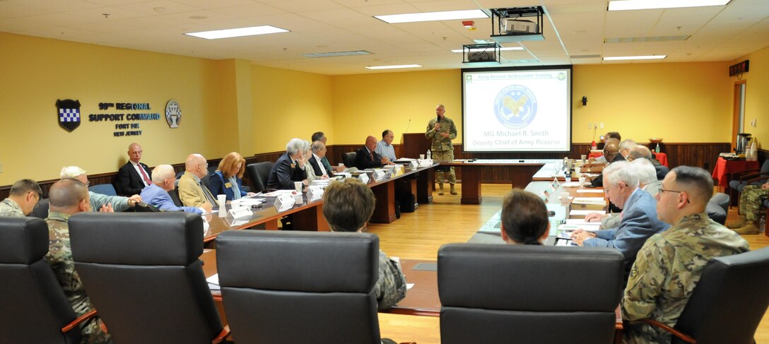 Maj. Gen. Michael R. Smith, deputy chief of Army Reserve, delivers the opening briefing to nearly two-dozen Army Reserve ambassadors during the annual Army Reserve Ambassador Training Workshop June 5-6 at 99th Regional Support Command headquarters on Joint Base McGuire-Dix-Lakehurst, New Jersey. The workshop increased the ambassadors’ ability to carry out their mission of educating the public, community leaders and congressional staff offices about the capabilities and value of the Army Reserve and its Soldiers.