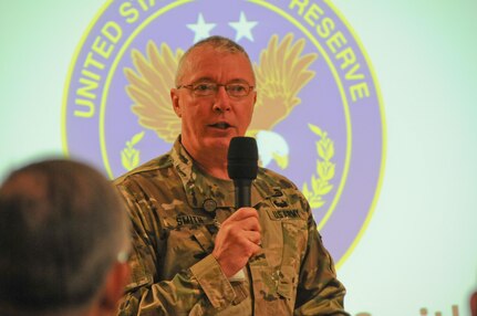 Maj. Gen. Michael R. Smith, deputy chief of Army Reserve, delivers the opening briefing to nearly two-dozen Army Reserve ambassadors during the annual Army Reserve Ambassador Training Workshop June 5-6 at 99th Regional Support Command headquarters on Joint Base McGuire-Dix-Lakehurst, New Jersey. The workshop increased the ambassadors’ ability to carry out their mission of educating the public, community leaders and congressional staff offices about the capabilities and value of the Army Reserve and its Soldiers.