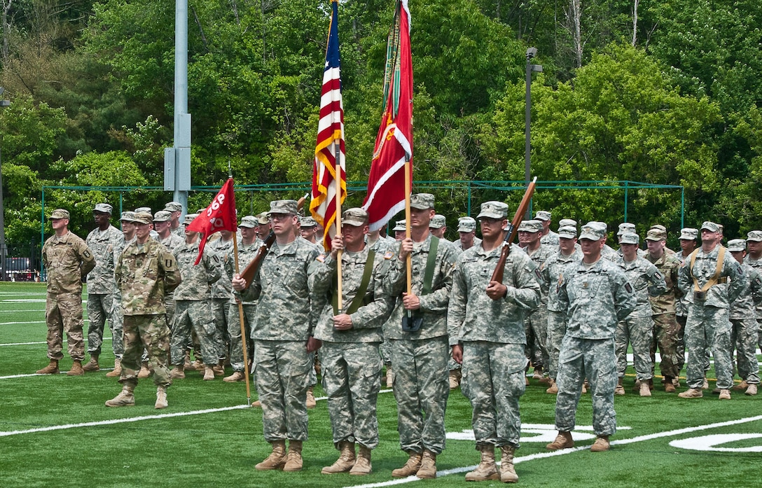 Soldiers from the 368th Engineer Battalion stand in formation during a deployment ceremony at Saint Anselm College in Manchester, N.H. June 2, 2016. The unit will go to pre-deployment training at Ft. Bliss, Texas before deploying to Kuwait in support of Operation Enduring Freedom. (U.S. Army Photo by Spc. Stephen Doherty)
