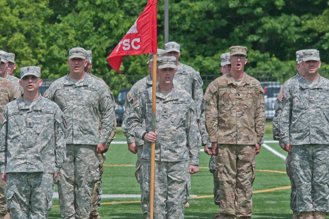 Soldiers from the 368th Engineer Battalion sing the Army Song in formation during a deployment ceremony at Saint Anselm College in Manchester, N.H. June 2, 2016. The unit will go to pre-deployment training at Ft. Bliss, Texas before deploying to Kuwait in support of Operation Enduring Freedom. (U.S. Army Photo by Spc. Stephen Doherty)