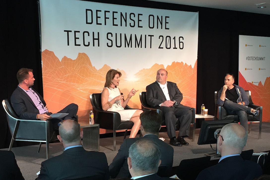 Defense Digital Service Director Chris Lynch, right, explains how his office works within the Pentagon during a presentation at the Defense One Tech Summit in Washington, June 10, 2016. DoD photo by Jim Garamone