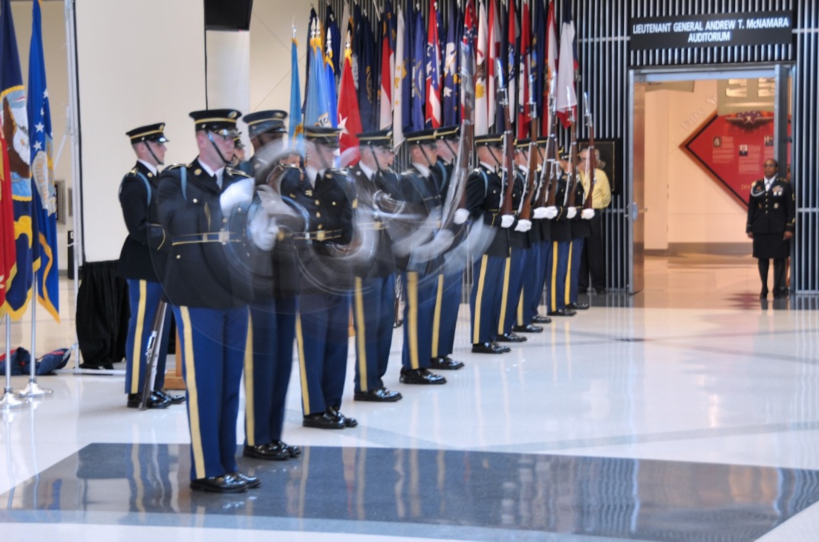 Members of the U.S. Army Silent Drill Team spin bayonet-tipped Springfield M1903 rifles in the 241st Army Birthday celebration at McNamara Headquarters Complex June 9.