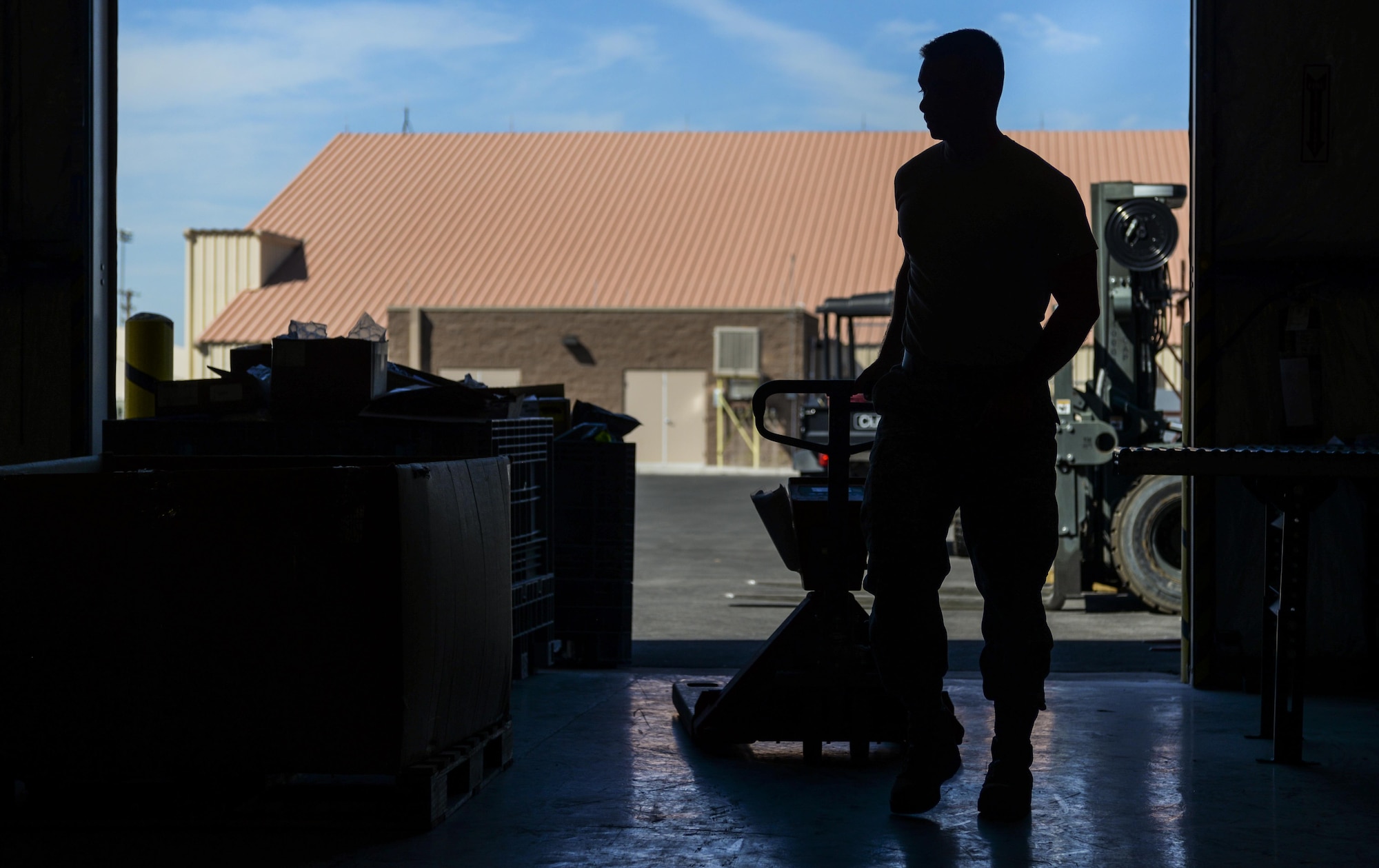 Senior Airman Adam Johnson, 99th Logistics Readiness Squadron F-35 Aircraft Parts Store journeyman, pulls a hand cart while prepaing a load of parts to be moved to the stores new location at Nellis Air Force Base, Nev., June 6. With the old part store having over 6,500 line items and growing, the move to a new facility was long overdue. (U.S. Air Force photo by Airman 1st Class Kevin Tanenbaum)