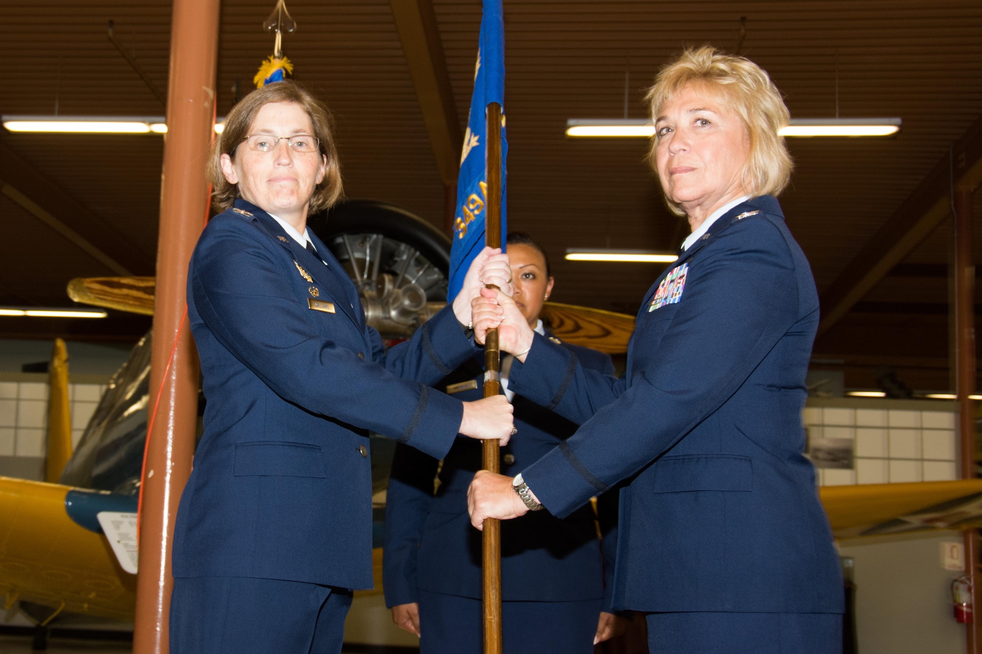 Col. Jeanne K. LaFountain assumed command of the 349th Aeromedical Evacuation Squadron June 4, 2016 during a ceremony held at Travis Air Force Base, Calif. Col. Stephanie Williams, commander of the 349th Operations Group, presided over the ceremony. Williams described LaFountain as an energetic leader. (U.S. Air Force photo/ Senior Airman Sajjan Singh/Released)
