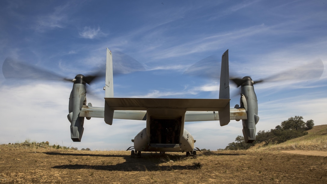 An MV-22B Osprey with Marine Medium Tiltrotor Squadron 165, prepares for takeoff during controlled area landing training at Marine Corps Base Camp Pendleton, California, June 8. The training consisted of landing and taking off in less familiar areas to increase awareness of different types of landing zones.