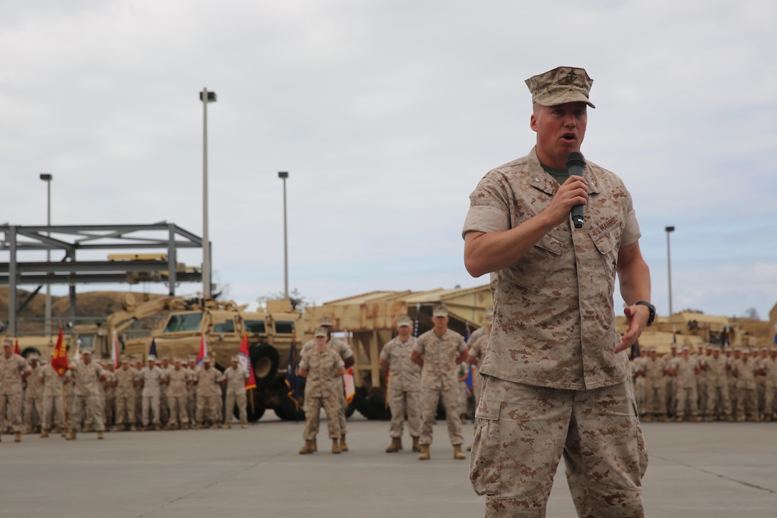 MARINE CORPS BASE CAMP PENDLETON, Calif. –  Lt. Col. Colin Smith, the commanding officer of 1st Combat Engineer Battalion, 1st Marine Division, gives remarks during a rededication ceremony as part of the unit’s 75th anniversary at Camp Pendleton May 26, 2016. After touring the area, 1st CEB hosted a rededication ceremony, where Smith recognized service members and veterans who once served with the battalion. (U.S. Marine Corps photo by Cpl. Demetrius Morgan/RELEASED)