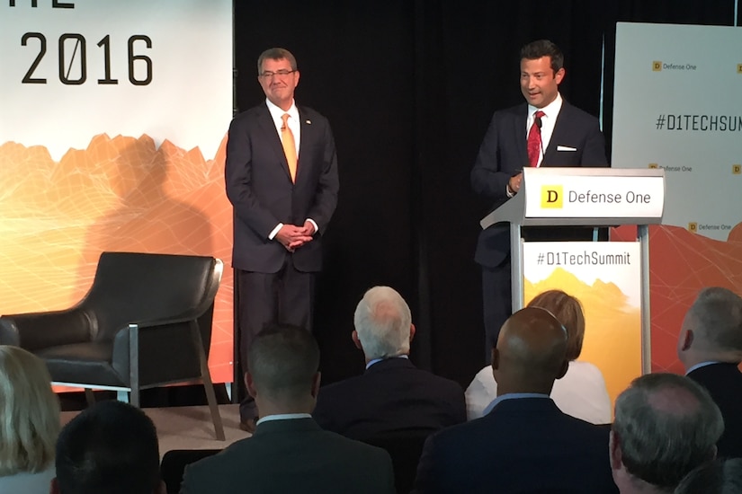 Kevin Baron, right, executive editor of Defense One, introduces Defense Secretary Ash Carter at the Defense One Tech Summit in Washington, D.C., June 10, 2016. Carter spoke about the intersection between technology and defense. DoD photo by Jim Garamone