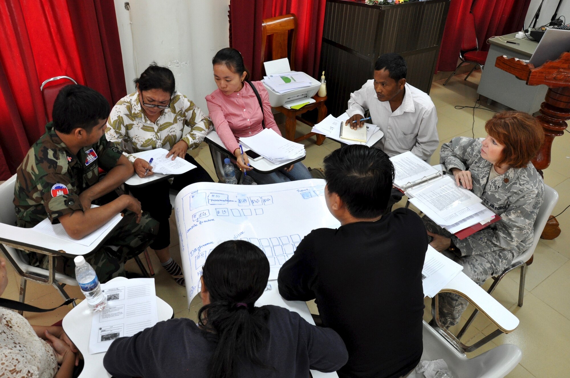 U.S. Air Force Maj. Mitzi Elliot works with her team to determine the best way ahead for patient care and treatment during natural disaster response scenario June 9, 2016 in Kampot Province, Cambodia. The team was collaborating on various ideas as part of a subject matter expert exchange that consisted of a public health emergencies course focused on humanitarian assistance and disaster response. Exchanges such as these help build partner capacity and interoperability so nation’s are better prepared to respond to natural disasters in the Indo-Asia-Pacific region. Elliot is a U.S. Air Force Public Health Officer deployed from the 81st Medical Group, Keesler Air Force Base, MS, as part of Pacific Angel 16-2. (U.S. Air Force photo by Capt. Susan Harrington)  
