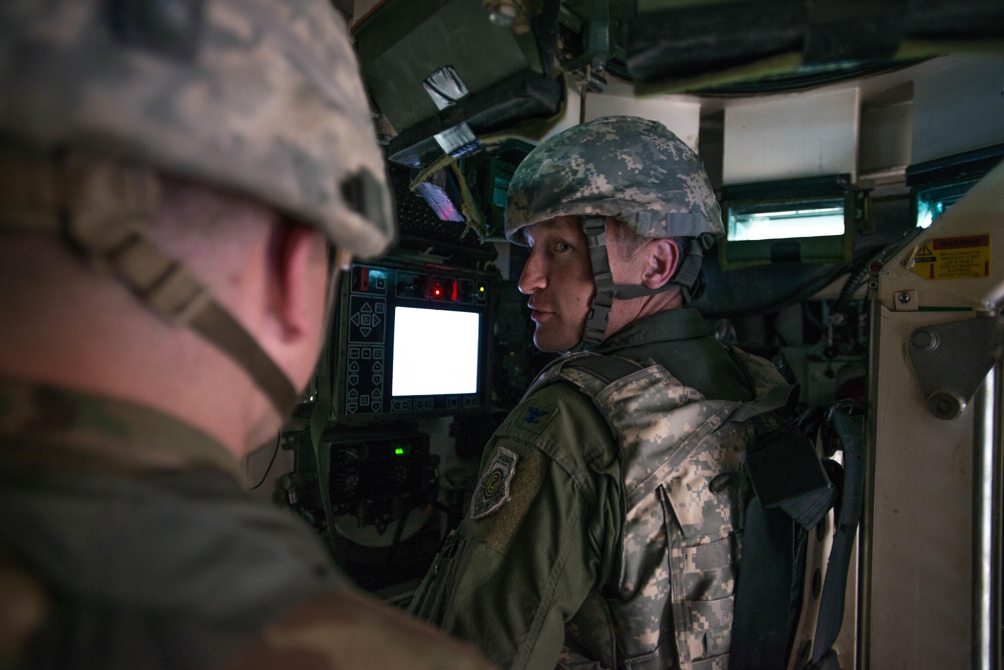 U.S. Air Force Col. Patrick McAtee, the Virginia Air National Guard’s 192nd Operations Group commander out of Joint Base Langley-Eustis, Va., serving on temporary duty as the deployed forces commander for RED FLAG-Alaska 16-2, sits in the remote control gunning station inside an M1126 Stryker Combat Vehicle while visiting the Joint Pacific Alaska Range Complex, June 8, 2016, during RED FLAG-Alaska (RF-A) 16-2. RF-A provides unique opportunities to integrate various forces into joint, coalition and multilateral training from simulated forward operating bases. (U.S. Air Force photo by Staff Sgt. Shawn Nickel/Released)