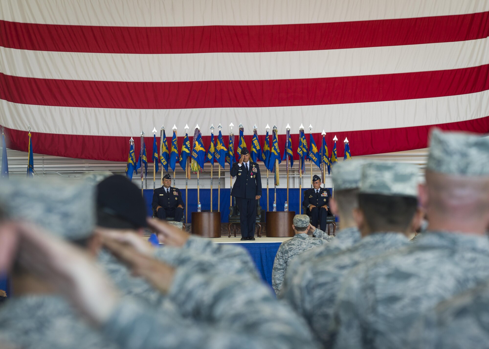 Col. Sean Farrell, former commander of the 1st Special Operations Wing, renders his final salute as commander during a change of command ceremony at Hurlburt Field, Fla., June 10, 2016. Farrell relinquished command to Col. Tom Palenske, the former vice commander of the 1st SOW, after commanding the wing for more than 18 months and employing more than 5,000 Air Commandos who executed 30,900 combat flight hours. (U.S. Air Force photo by Airman 1st Class Kai White)