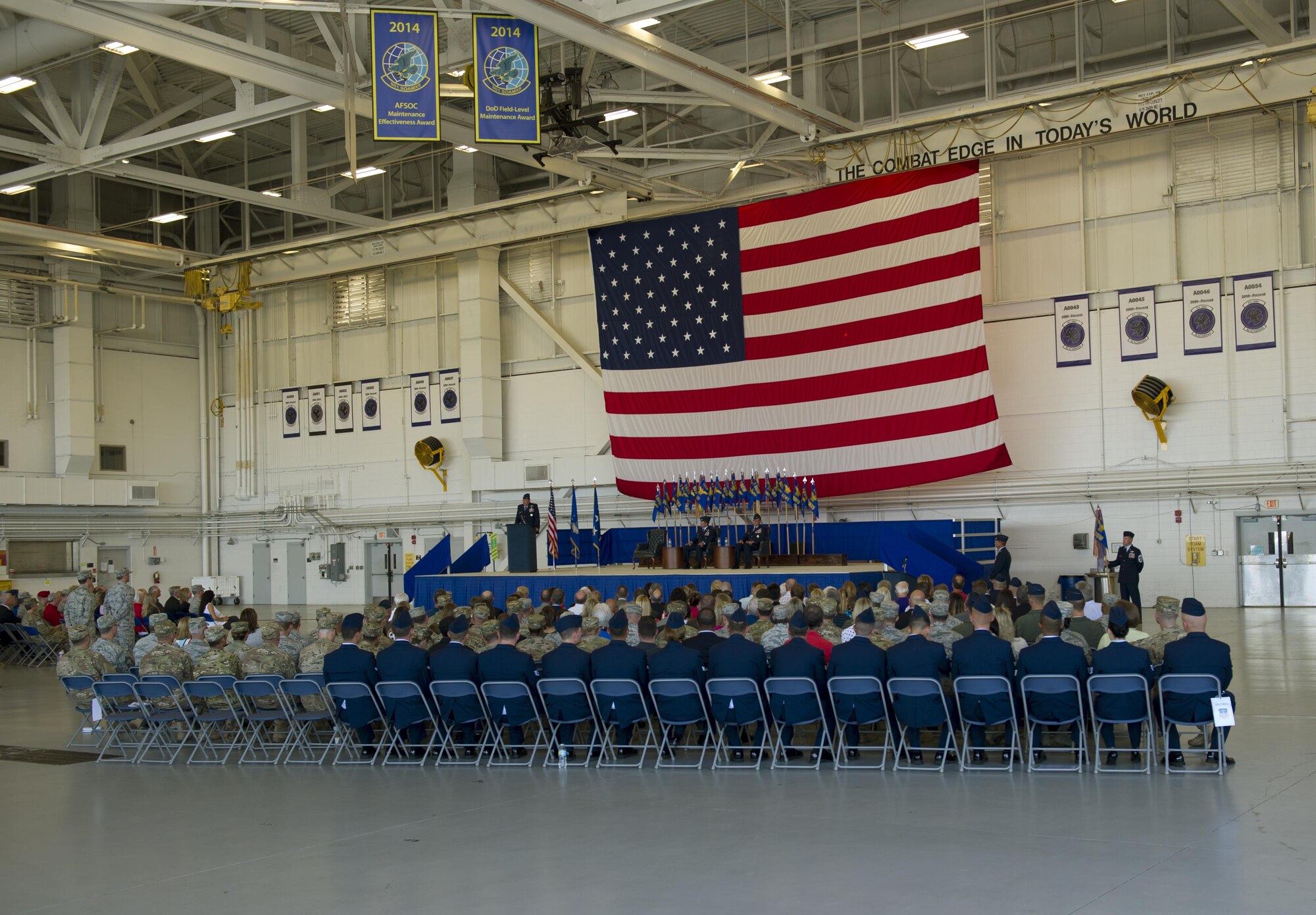 Lt. Gen. Brad Heithold, commander of Air Force Special Operations Command, addresses Airmen from the 1st Special Operations Wing during a change of command ceremony at Hurlburt Field, Fla., June 10, 2016. Col. Sean Farrell, former commander of the 1st SOW, relinquished command to Col. Tom Palenske, former vice commander of the 1st SOW, after commanding the wing for more than 18 months and employing more than 5,000 Air Commandos who executed 30,900 combat flight hours. (U.S. Air Force photo by Senior Airman Andrea Posey)