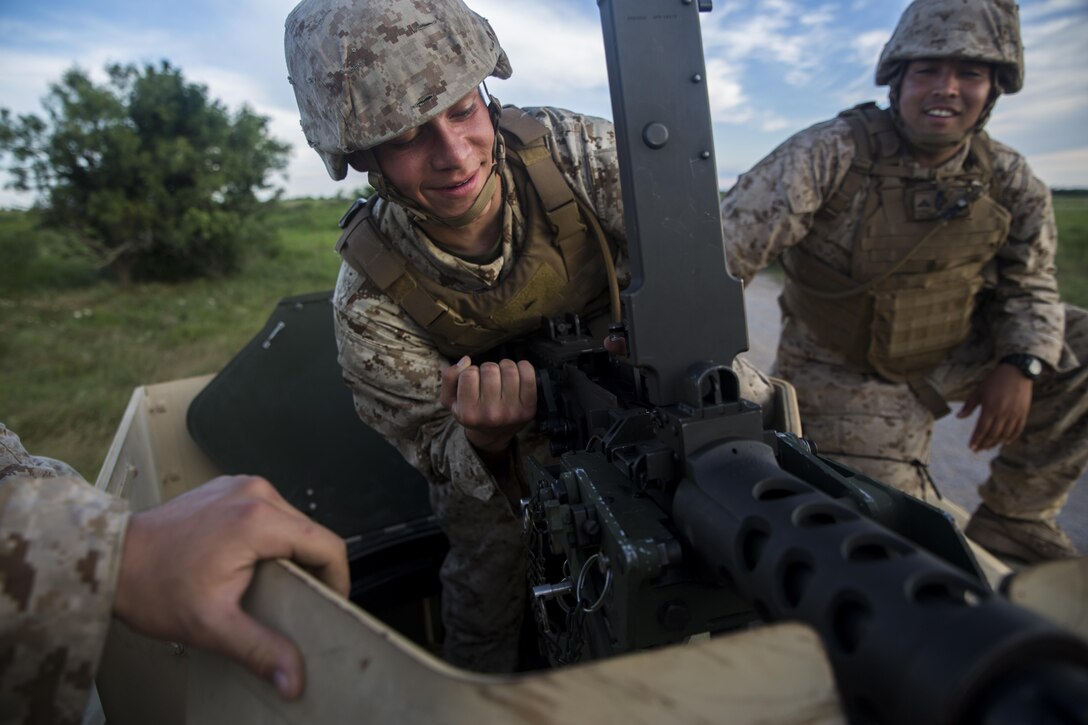 Lance Cpl. Nicholas Tate, an artilleryman with Battery F, 2nd Battalion, 14th Marines, 4th Marine Division, Marine Forces Reserve, performs simulated corrective actions on a M2 .50-caliber machine gun during his annual training at Fort Sill in Lawton, Okla., June 3, 2016.  To maintain a high level of readiness, the Marine Corps Reserve conducts annual training to ensure Marines remain proficient in their jobs as well as gain experience in other areas.