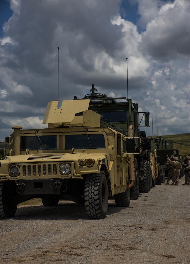 Marines with Battery F, 2nd Battalion, 14th Marines, 4th Marine Division, Marine Forces Reserve, line up their vehicles before convoying to their next destination during their annual training at Fort Sill in Lawton, Okla., June 4, 2016.  To maintain a high level of readiness, the Marine Corps Reserve conducts annual training to ensure Marines remain proficient in their jobs as well as gain experience in other areas.