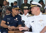 DILI, Timor Leste (June 8, 2016) Rear Adm. Charles Williams, Commander, Task Force 73, chats with Komande Jeral Julio Hornay, general commander of the National Police of Timor Leste, before the opening ceremony for Pacific Partnership 2016 at the Timor Leste Ministry of Defense. Deployed in support of Pacific Partnership 2016, Mercy is on its first stop of the 2016 mission. Pacific Partnership has a longstanding history with Timor Leste, having first visited in 2006, and four subsequent times since. Medical, engineering and various other personnel embarked aboard Mercy will work side-by-side with partner nation counterparts, exchanging ideas, building best practices and relationships to ensure preparedness should disaster strike. 