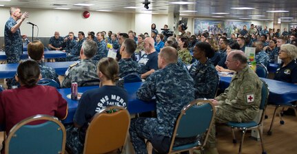 DILI, Timor Leste (June 9, 2016) - Rear Adm. Charles Williams, commander, Task Force 73, addresses the crewmembers of hospital ship USNS Mercy (T-AH 19), which is currently in Timor Leste supporting Pacific Partnership 2016. This year marks the sixth time the mission visited Timor Leste since its first visit in 2006. Medical, engineering and various other personnel embarked aboard Mercy will work side-by-side with partner nation counterparts, exchanging ideas, building best practices and relationships to ensure preparedness should disaster strike. 