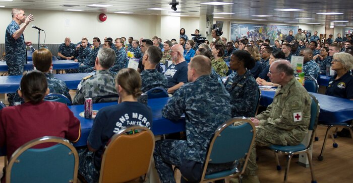 DILI, Timor Leste (June 9, 2016) - Rear Adm. Charles Williams, commander, Task Force 73, addresses the crewmembers of hospital ship USNS Mercy (T-AH 19), which is currently in Timor Leste supporting Pacific Partnership 2016. This year marks the sixth time the mission visited Timor Leste since its first visit in 2006. Medical, engineering and various other personnel embarked aboard Mercy will work side-by-side with partner nation counterparts, exchanging ideas, building best practices and relationships to ensure preparedness should disaster strike. 