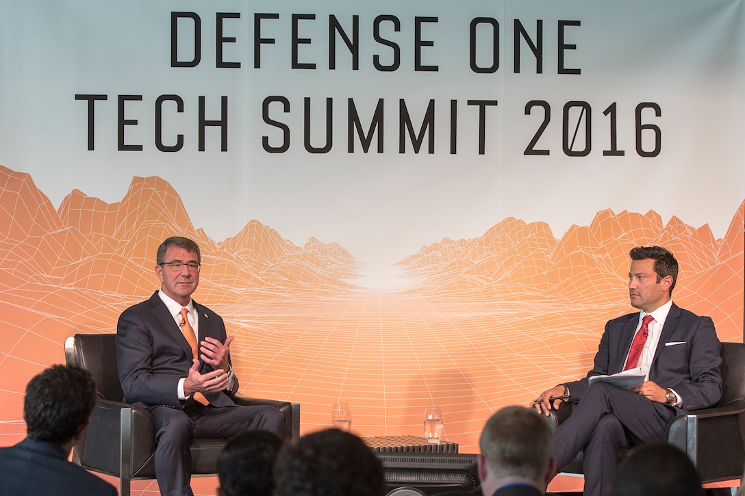 Defense Secretary Ash Carter speaks with Kevin Baron, executive editor of Defense One, during the Defense One Tech Summit in Washington D.C., June 10, 2016. DoD photo by Staff Sgt. Brigitte N. Brantley