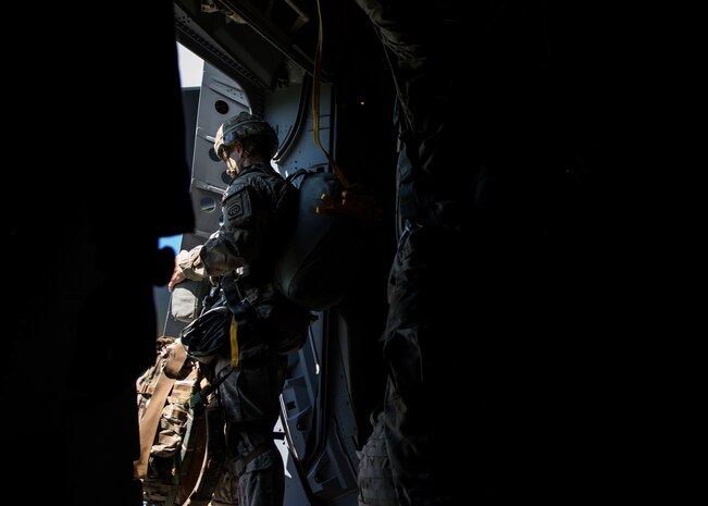 Maj. Gen. Richard D. Clarke, 82nd Airborne Division commander, prepares to parachute into Poland during Exercise Swift Response June 7, 2016. Clarke was the first member of the 82nd to land in Poland following a cargo drop. Once on the ground, the multi-national airborne task force will conduct a combat training center field exercise at the Army's Grafenwoehr and Hohenfels Training Areas. The exercise is scheduled to wrap up on June 26.