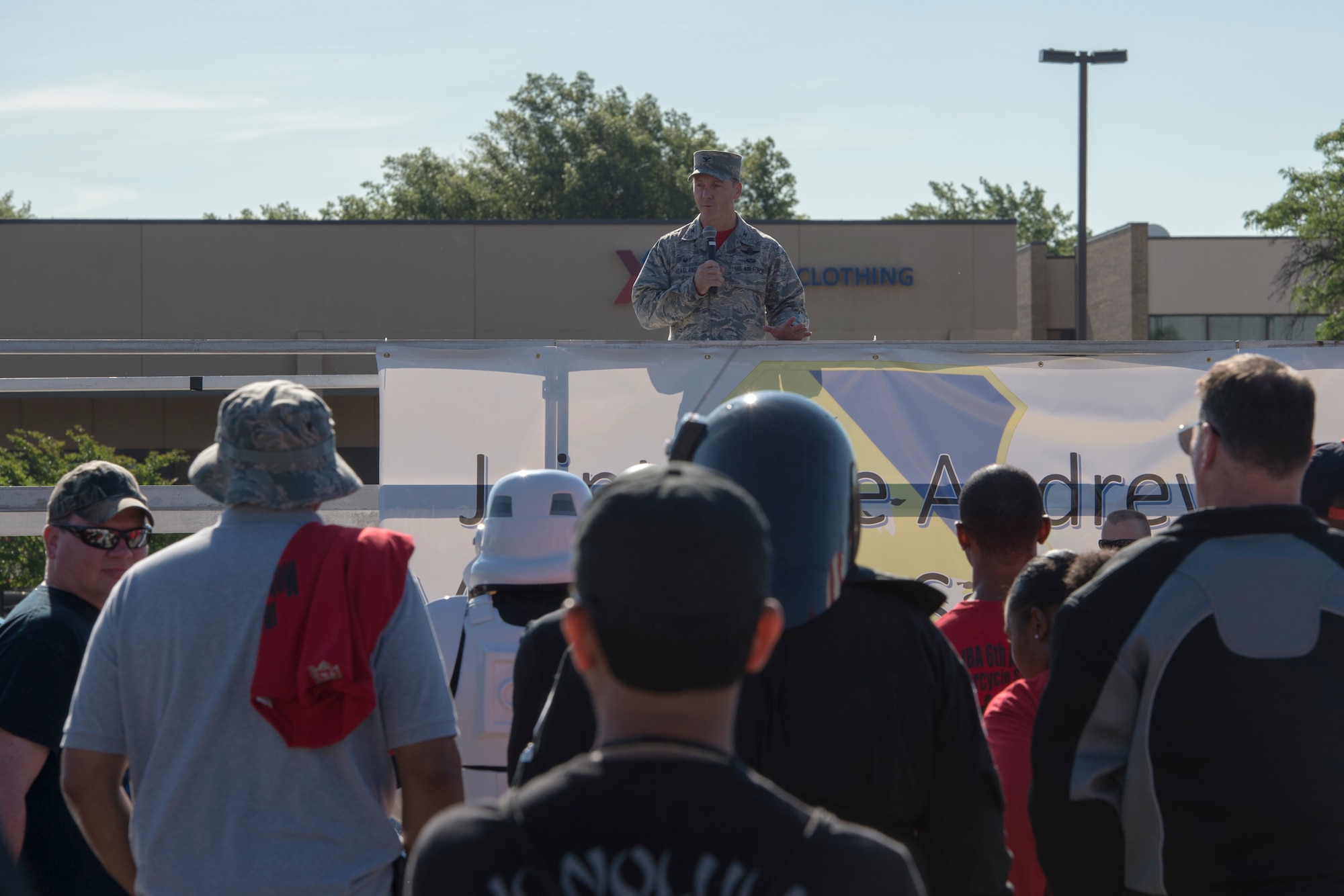 Col. Brad Hoagland, 11th Wing and Joint Base Andrews commander, speaks his opening remarks during Motorcycle Safety Day on Joint Base Andrews, Md., June 9, 2016. The day included vendors, local clubs, food, demonstrations, riding groups and prize giveaways. (U.S. Air Force photo by Senior Airman Ryan J. Sonnier/RELEASED)