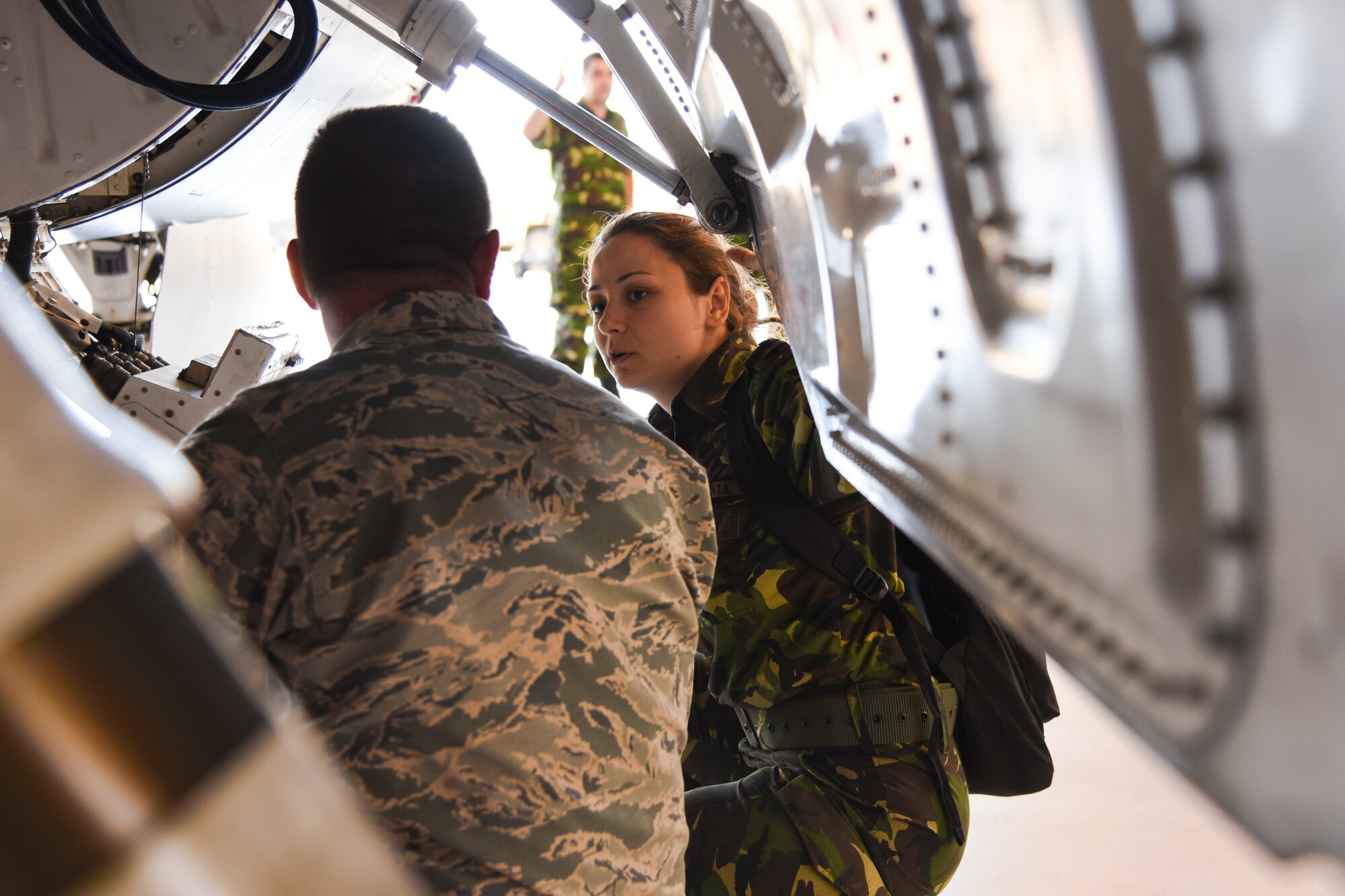 Romanian air force 2nd Lt. Chirila Sandu talks with U.S. Air Force Senior Master Sgt. William Rhodes, avionics element superintendent with the 187th Maintenance Squadron, about a U.S. Air National Guard F-16 Fighting Falcon aircraft June 8, 2016, in the hangar at the Montgomery Regional ANGB, Ala. Romanian air force maintainers visited the 187th to share information and strengthen their partnership. (U.S. Air National Guard photo by Airman 1st Class Hayden Johnson/Released)