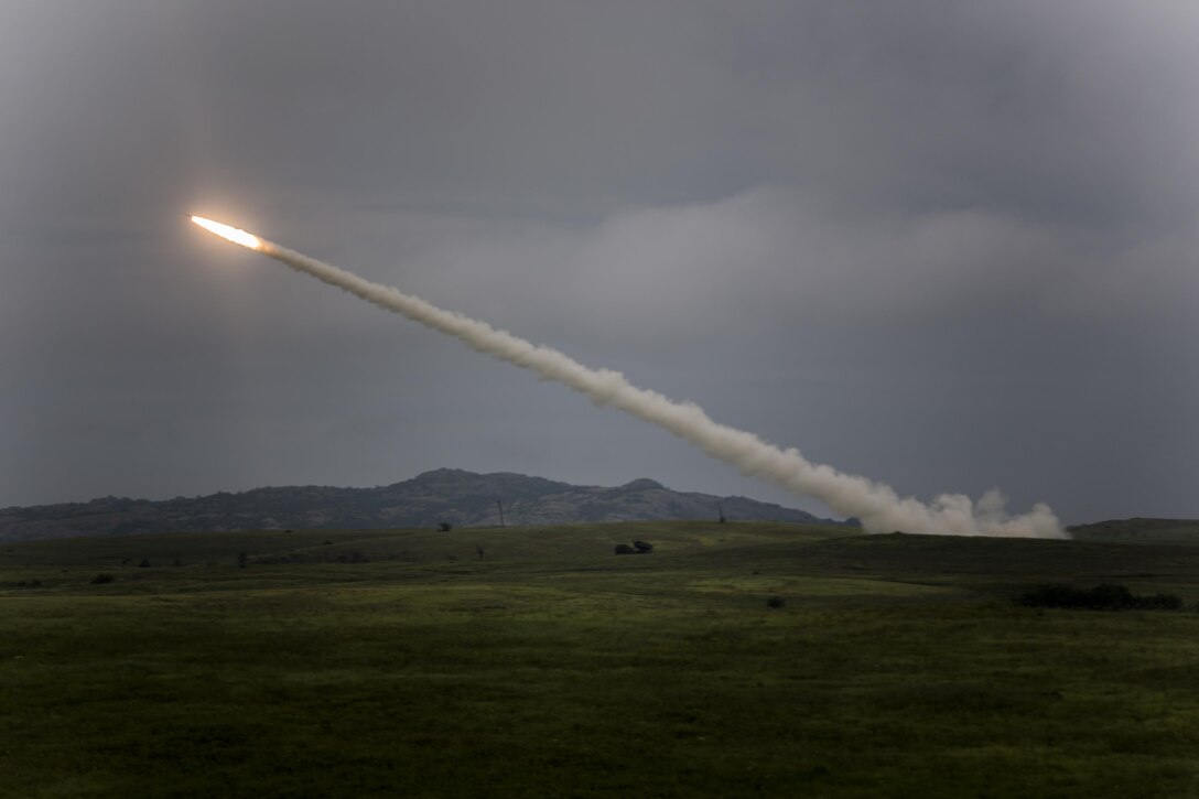 Marines with Battery F, 2nd Battalion, 14th Marines, 4th Marine Division, Marine Forces Reserve fire a High Mobility Artillery Rocket System during their annual training at Fort Sill in Lawton, Okla., June 1, 2016. The surface to surface missile system can accurately engage targets over great distances. With high volumes of lethal rocket and missile fire, the HIMARS delivers precise strikes from over 40 miles away. The Reserve component has one of the two HIMARS detachments in the Marine Corps.