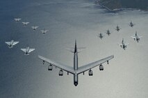 A U.S. Air Force B-52 Stratofortress leads a formation of aircraft including two Polish air force F-16 Fighting Falcons, four U.S. Air Force F-16 Fighting Falcons, two German Eurofighter Typhoons and four Swedish Gripens over the Baltic Sea, June 9, 2016. The formation was captured from a KC-135 from the 434th Air Refueling Wing, Grissom Air Force Base, Indiana as part of exercise BALTOPS 2016. (U.S. Air Force photo/Senior Airman Erin Babis) 