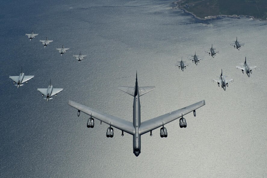 A U.S. Air Force B-52 Stratofortress leads a formation of aircraft including two Polish air force F-16 Fighting Falcons, four U.S. Air Force F-16 Fighting Falcons, two German Eurofighter Typhoons and four Swedish Gripens over the Baltic Sea, June 9, 2016. The formation was captured from a KC-135 from the 434th Air Refueling Wing, Grissom Air Force Base, Indiana as part of exercise BALTOPS 2016. (U.S. Air Force photo/Senior Airman Erin Babis) 