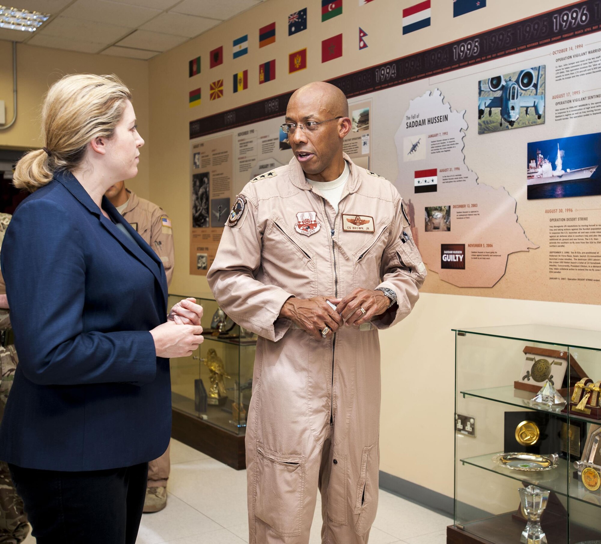 Lt. Gen. Charles Q. Brown Jr, U.S. AFCENT and the Combined Forces Air Component commander, talks to Penny Mordaunt, U.K Minister of State for the Armed Forces, June 3, 2016 at Al Udeid Air Base, Qatar. Brown explained AFCENT’s mission for Operation Inherent Resolve and the vital role the U.K plays as a Coalition partner. (U.S.  Army photo by Sgt. 1st Class Patricia Deal)