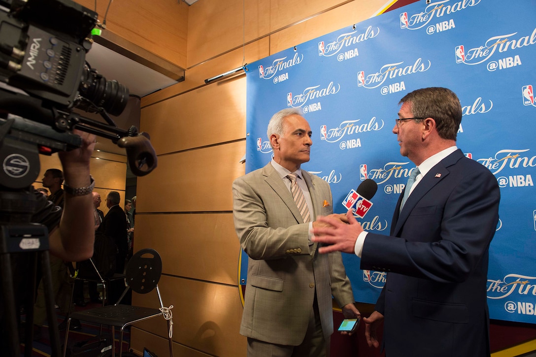 CLEVELAND (June 10, 2016) Secretary of Defense Ash Carter is interviewed on NBA TV at the 2016 NBA Finals Game 4, June 10, 2016. (DoD photo by Navy Petty Officer 1st Class Tim D. Godbee)(Released)