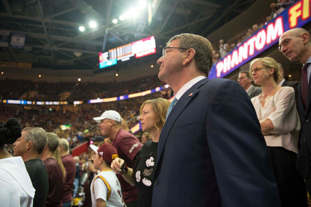 Defense Secretary Ash Carter watches Game 4 of the 2016 NBA Finals  in Cleveland, June 10, 2016. DoD photo by Navy Petty Officer 1st Class Tim D. Godbee