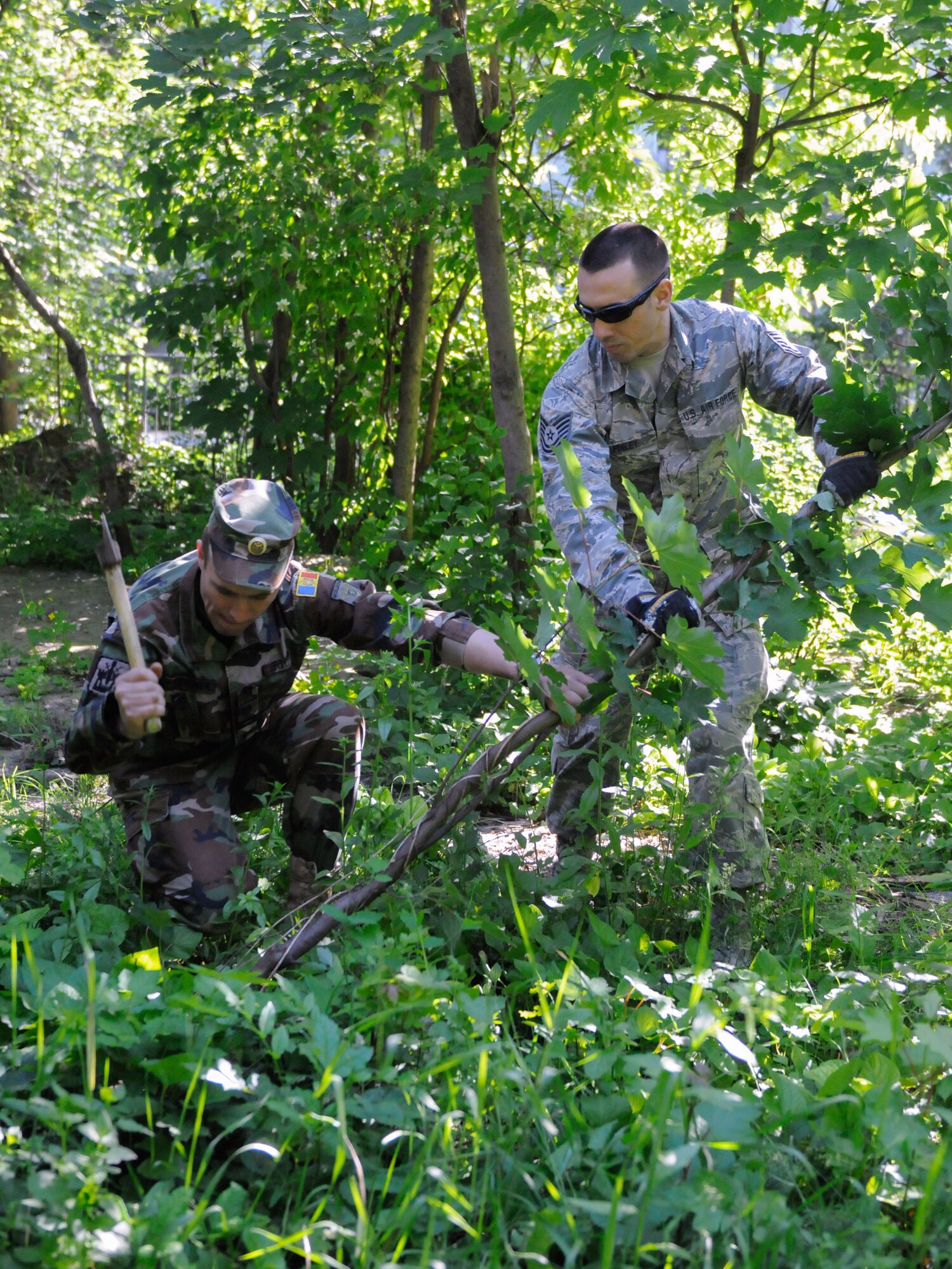 A soldier from the Moldovan National Army works side by side with an Airman from the the Kentucky Air National Guard’s 123rd Civil Engineer Squadron to clear away brush behind Special School #12 in Chisinau, Moldova, June 8, 2016. More than 35 Airmen from the Kentucky unit are renovating the institution, which is the only school in Moldova specifically for deaf and special-needs students. The humanitarian project is a partnership with the Office of Defense Cooperation and U.S. European Command, with funds being provided by the National Guard Bureau. (U.S. Air National Guard photo by Tech. Sgt. Vicky Spesard)