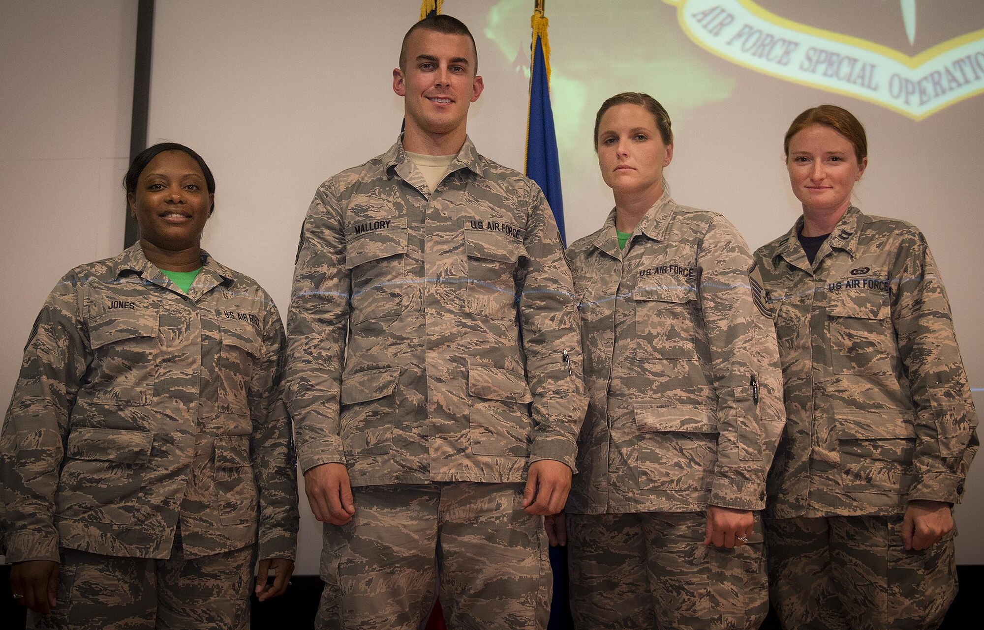Congratulations to the 919th Special Operations Wing second quarter award winners.  From left to right:  Senior Airman Natassa Jones, Tech. Sgt. Justin Mallory, Master Sgt. Christina Anger and Capt. Kassandra Pesek.  (U.S. Air Force photo/Tech. Sgt. Sam King)