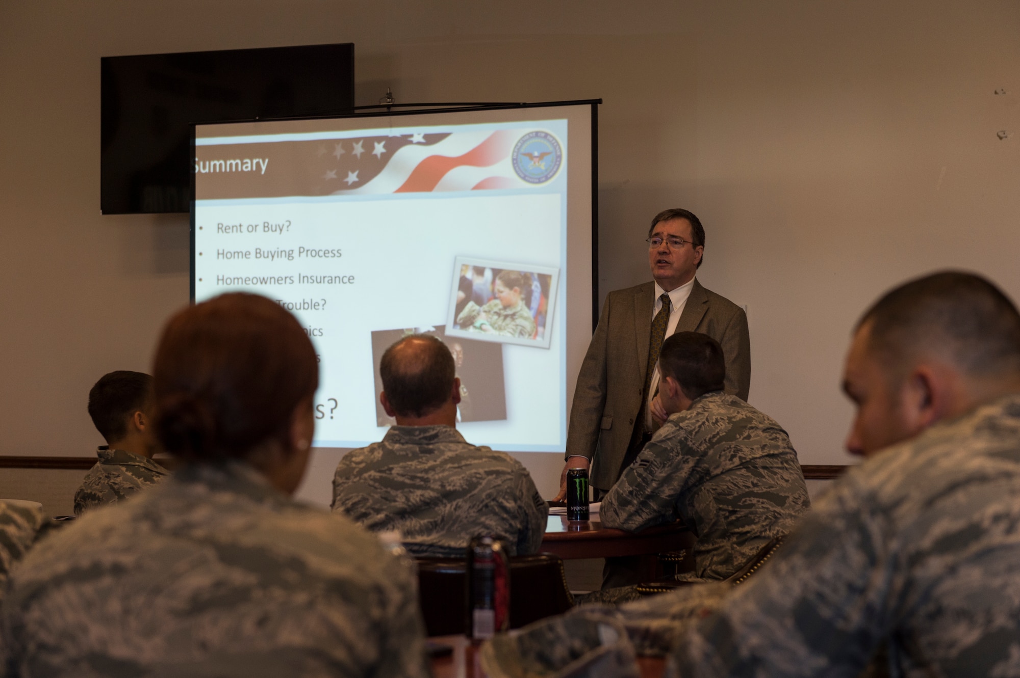 Airmen from the 107th Airlift Wing receive a class on first-time home buying from Tim Sobolewski, a personal financial counselor, as part of Wellness Week at Niagara Falls Air Reserve Station, June 12, 2016. Wellness Week features a variety of classes for members ranging from physical and spiritual fitness to financial responsibility. (U.S. Air National Guard photo by Staff Sgt. Ryan Campbell/released)